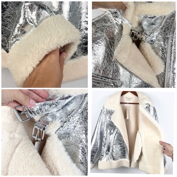 BLANK NYC Silver Metallic Faux Shearling Aviator Jacket Cozy Moto Zip SZ L - Picture 9 of 12